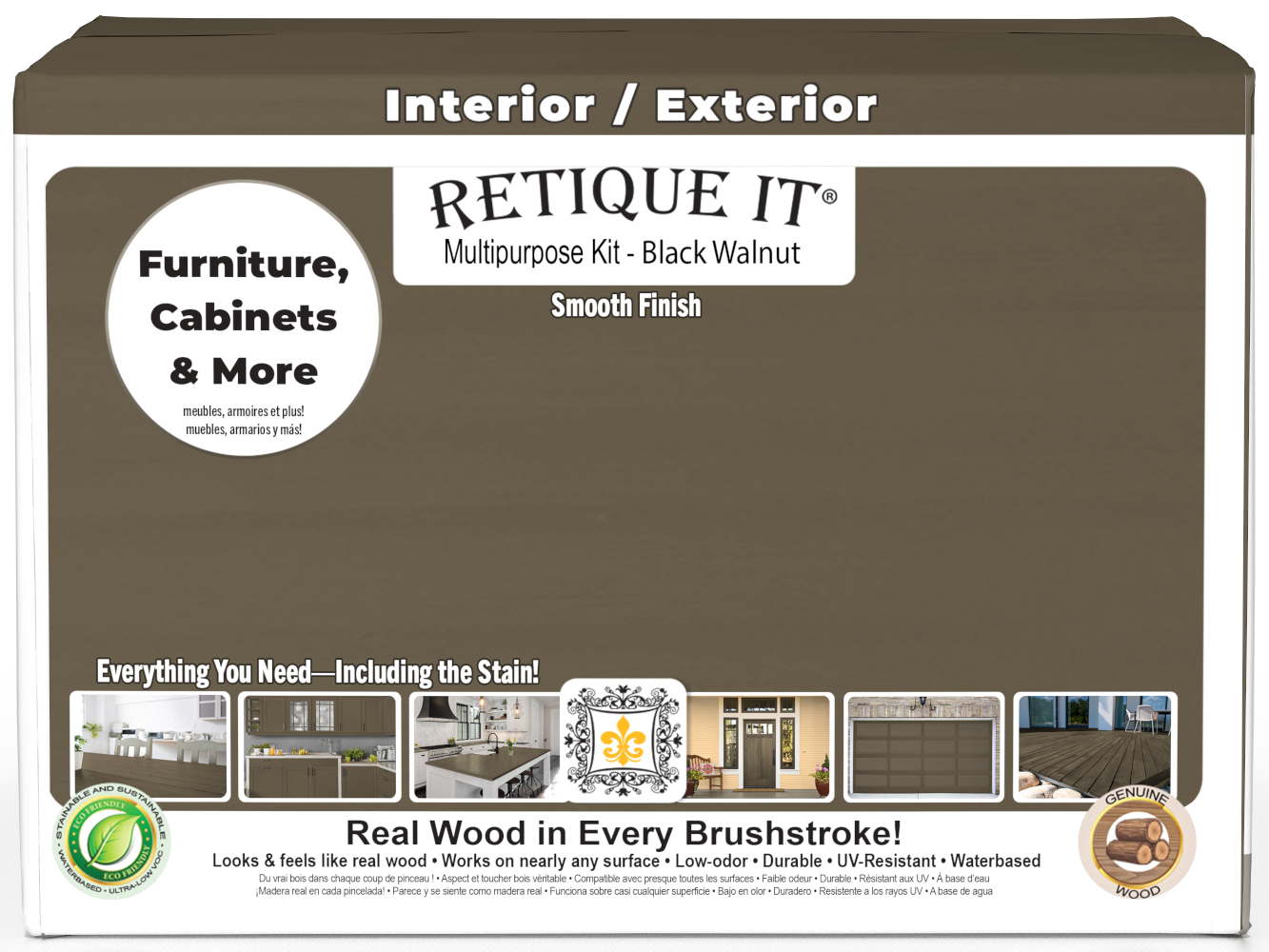 Retique It® Black Walnut multi-purpose wood finish kit with four large containers, featuring a sleek black walnut wood finish on the box.