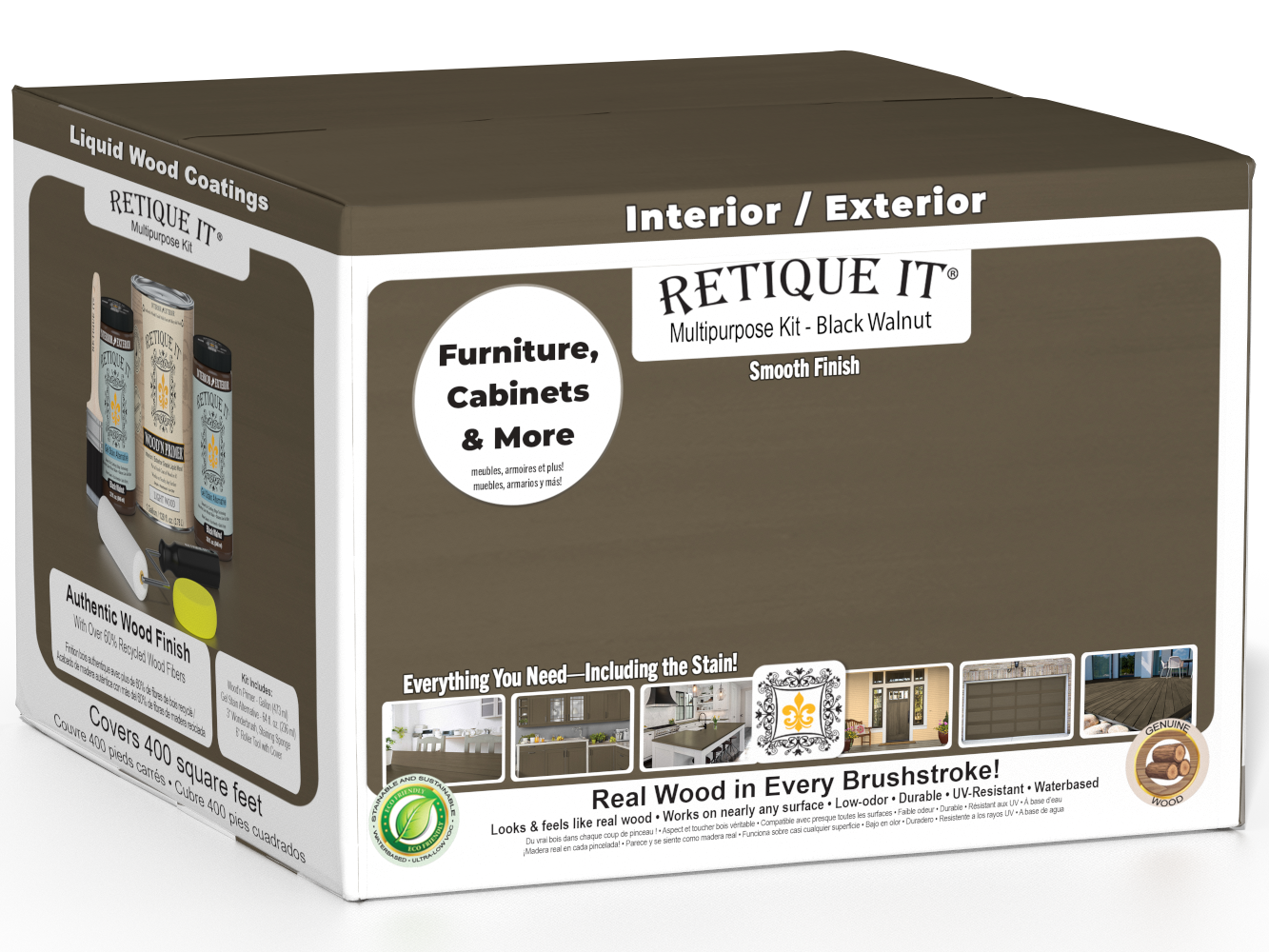 Retique It® Multi-purpose Smooth Finish Kit in Black Walnut for exterior wood projects, includes four large top coat containers with matte finish.