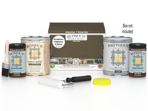 Retique It® Wood'n Finish Kit with four black walnut exterior top coats, matte finish, for smooth wood surface restoration.