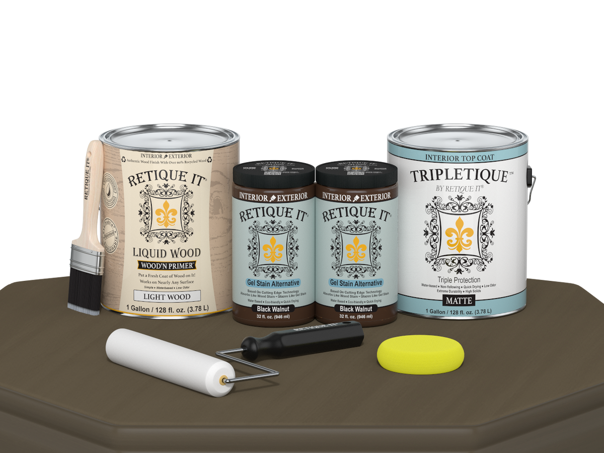 Retique It® Black Walnut Multi-purpose Smooth Finish Kit with four large interior top coat bottles on a table.