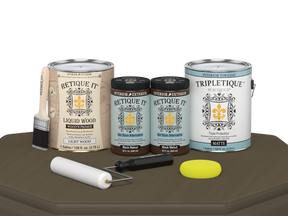Retique It® Black Walnut Multi-purpose Smooth Finish Kit with four large interior top coat bottles on a table.