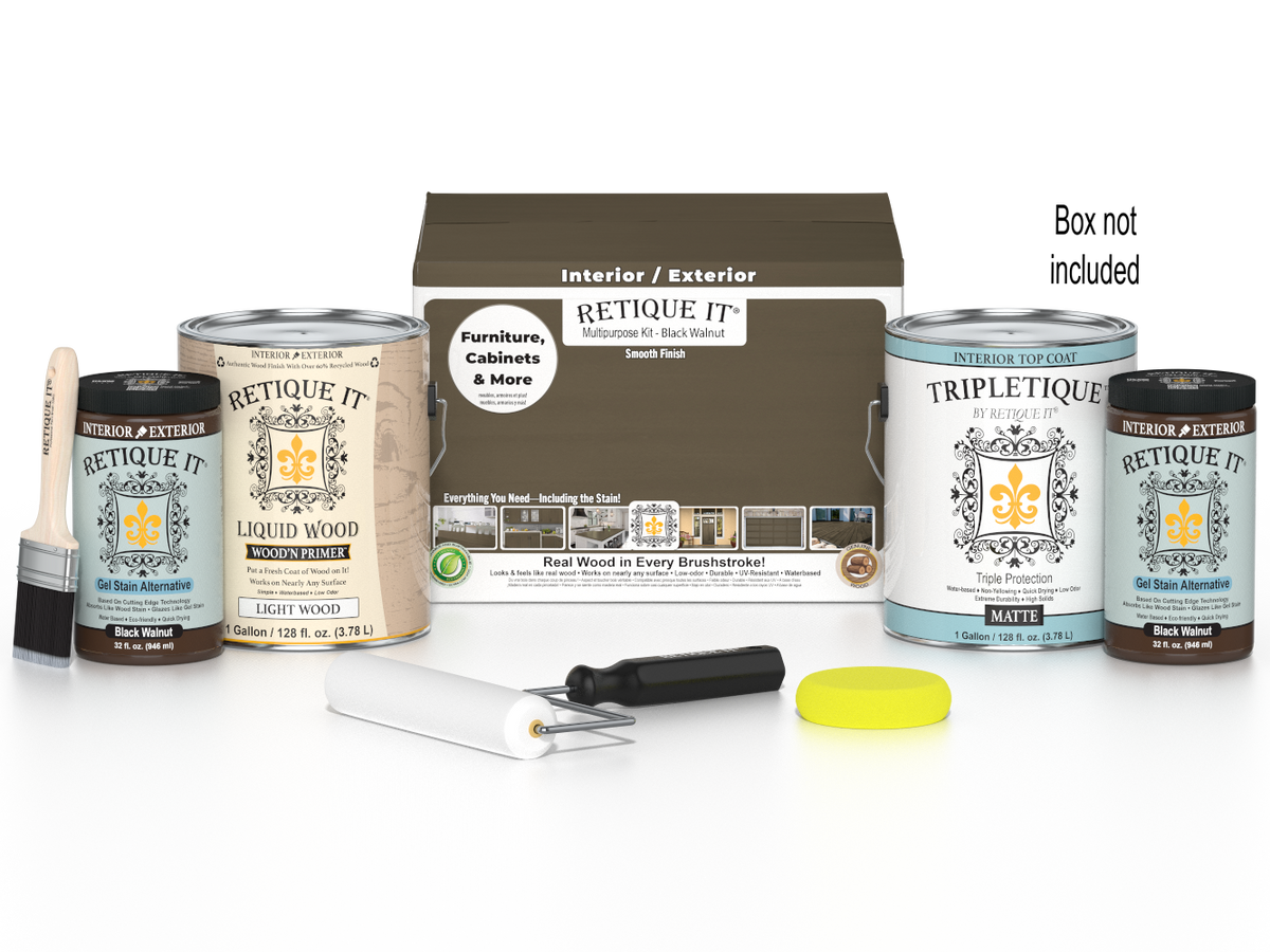 Retique It® Multi-purpose Smooth Finish Kit in Black Walnut for interior wood projects, includes four large top coat bottles.