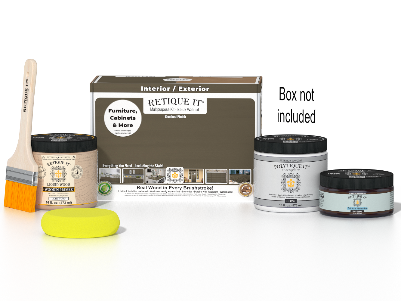 Retique It® Multi-purpose Smooth Finish Kit in black walnut for exterior wood projects, includes top coat and application tools.