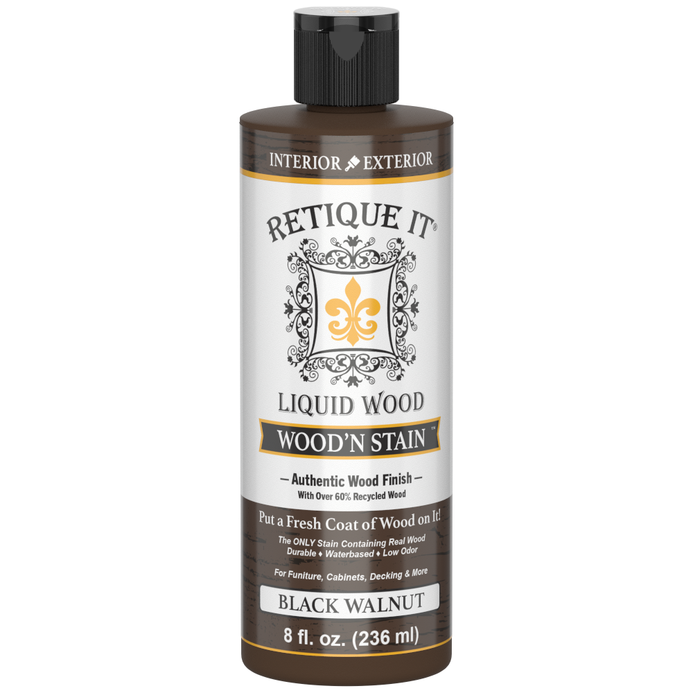 Retique It® Liquid Wood Wood'n Stain in Black Walnut, 8 oz bottle, showcasing dark walnut wood stain for furniture and crafts.