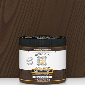 Retique It® Liquid Wood Wood'n Stain in Black Walnut, 16 oz bottle, showcasing the dark wood stain product for furniture and crafts.