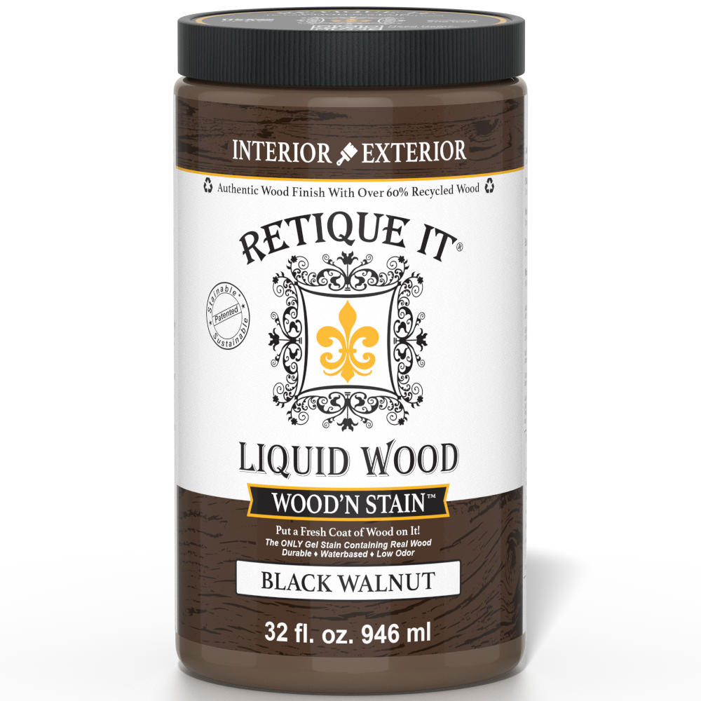 Retique It® Liquid Wood Wood'n Stain in Black Walnut, 32 oz bottle, showcasing the rich, dark stain color and packaging.