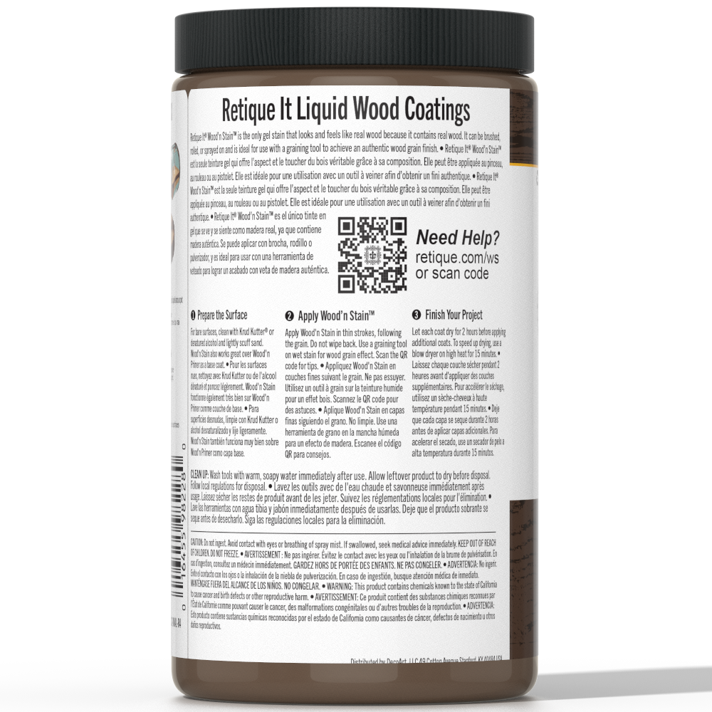 Retique It® Liquid Wood Wood'n Stain in Black Walnut, 32 oz bottle, showing rich dark stain on wood surface