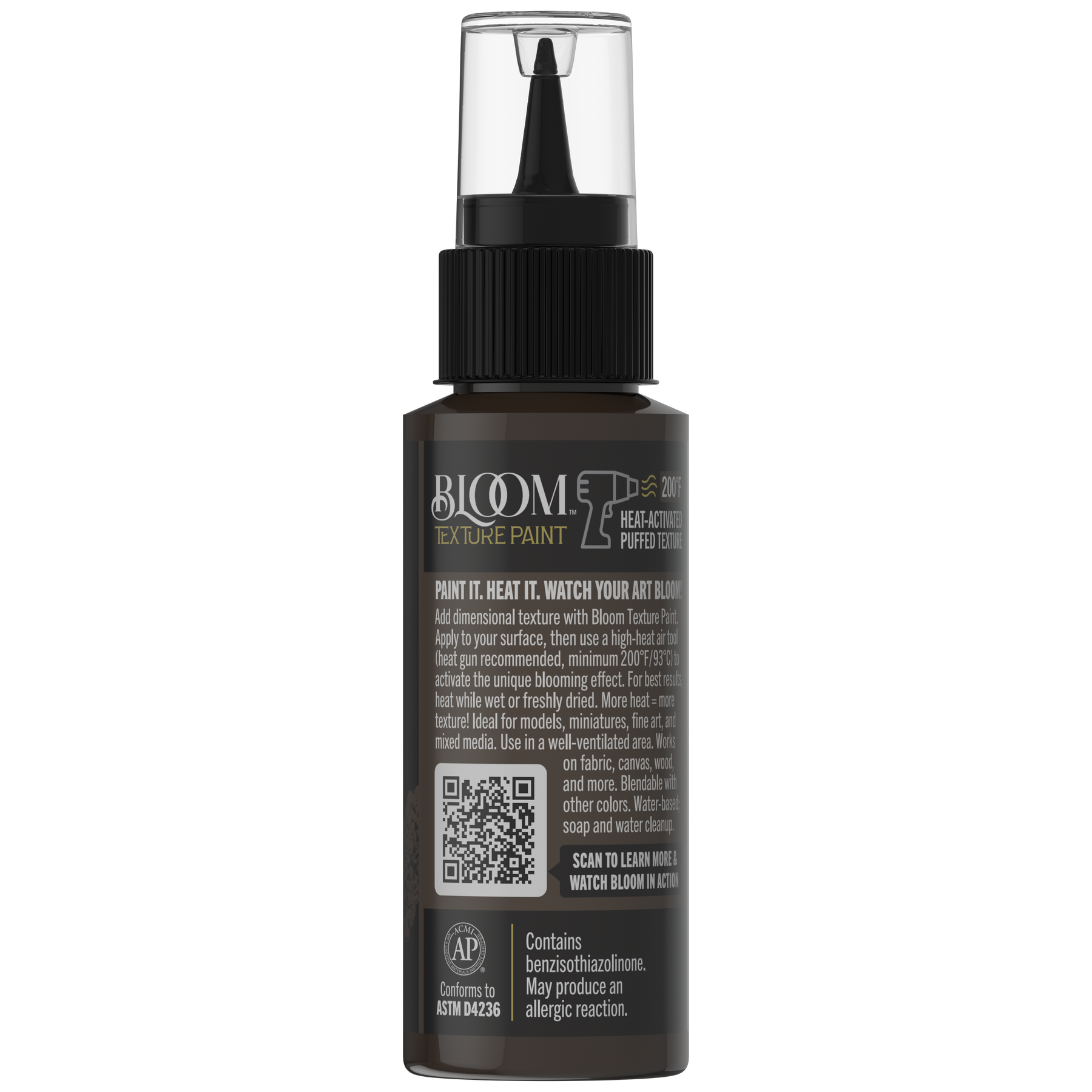 DecoArt Bloom Texture Paint in Battlefield Soil, textured brown paint bottle back label