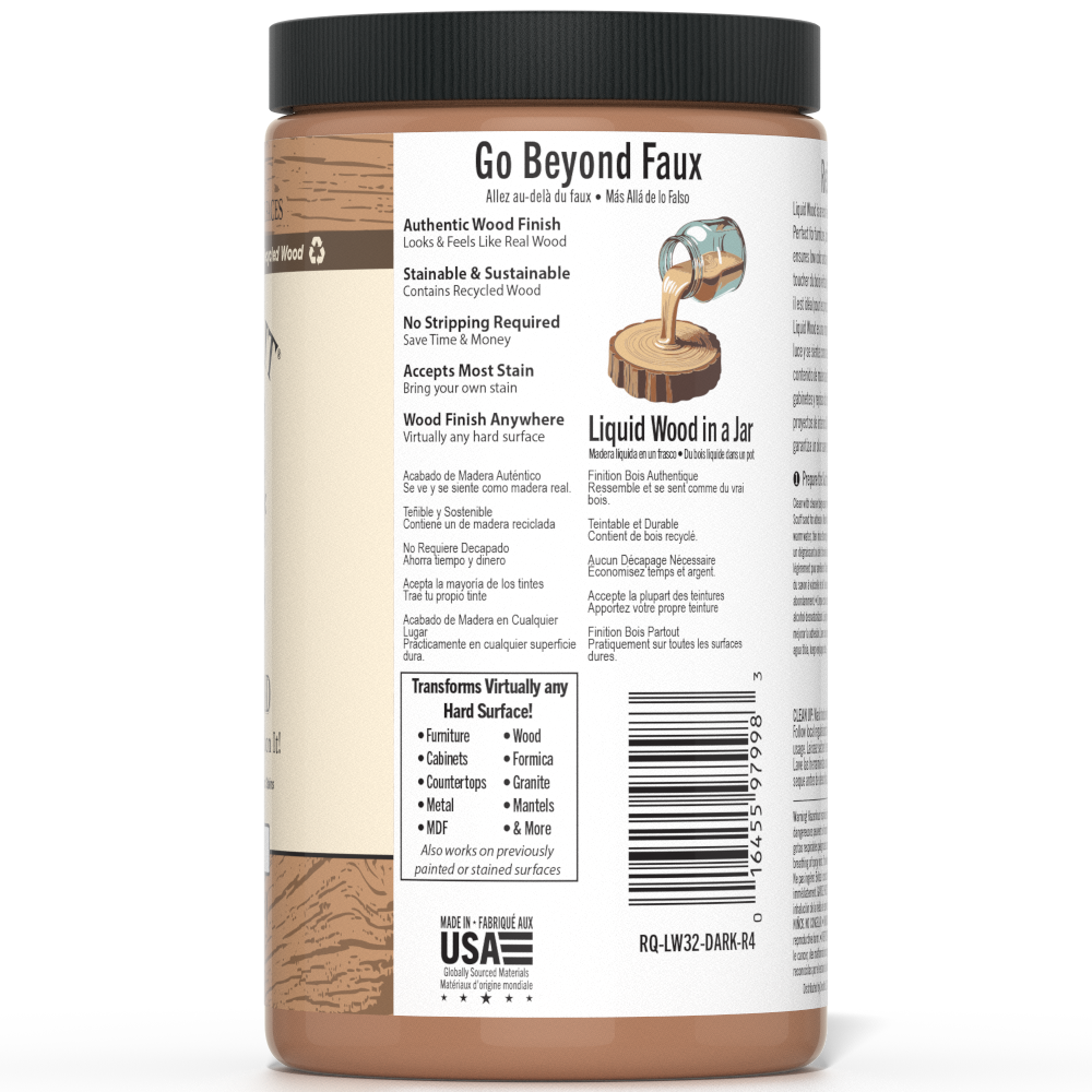 Retique It® Liquid Wood 32oz Dark interior paint applied to wood surface, showcasing rich dark finish and smooth texture.