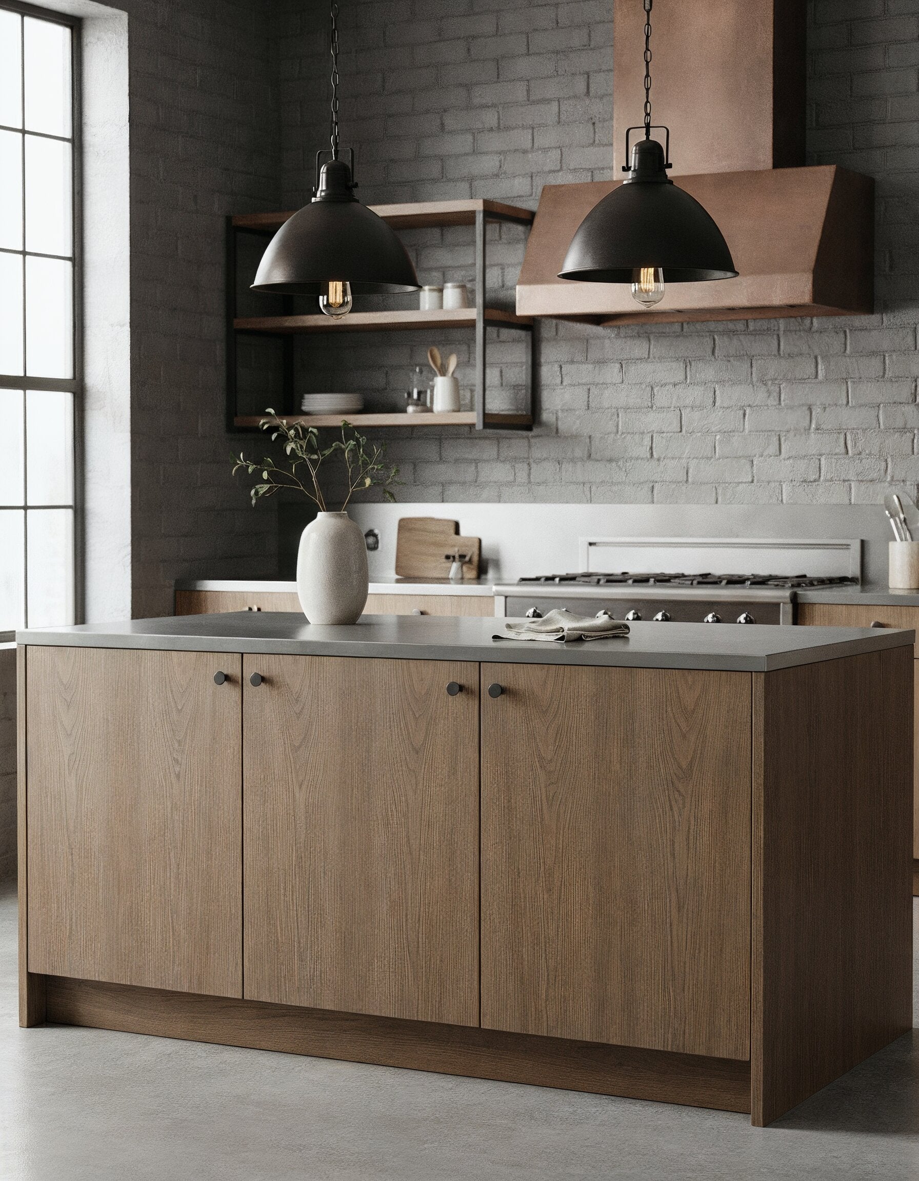 Retique It® Wood'n Cabinet Kit with 24 grained walnut stained doors, showcasing modern rustic barn wood kitchen style.