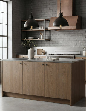 Retique It® Wood'n Cabinet Kit with 24 grained walnut stained doors, showcasing modern rustic barn wood kitchen style.