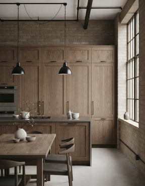 Retique It® Wood'n Cabinet Kit with 24 grained walnut doors, showcasing modern stained wood for rustic kitchen cabinetry.