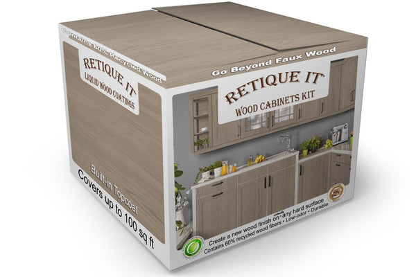 Retique It Wood Cabinets Kit box showing gray wood grain kitchen cabinets, labeled with built-in topcoat and up to 100 square feet of coverage.