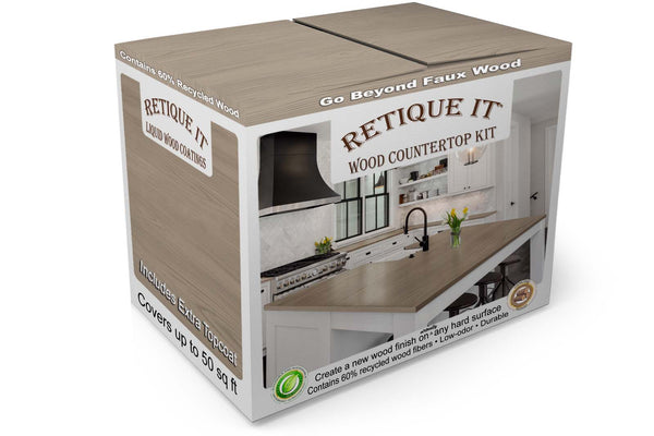 Retique It Wood Countertop Kit box showing a kitchen with white cabinets and a light wood grain countertop, labeled with industrial grade topcoat and up to 50 square feet of coverage.