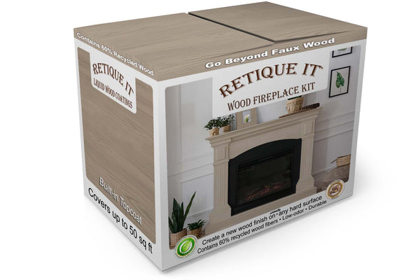 Retique It Wood Fireplace Kit box showing a light wood finish fireplace surround and mantel, labeled with built-in topcoat and up to 50 square feet of coverage.