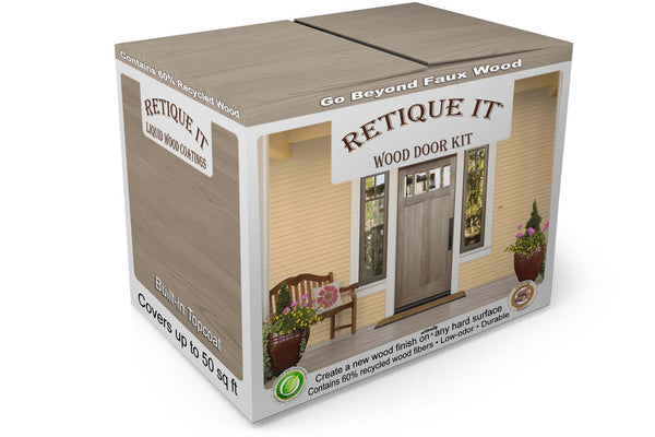 Retique It Wood Door Kit box showing a gray wood grain front door with sidelights and flower pots, labeled with built-in topcoat and up to 50 square feet of coverage.