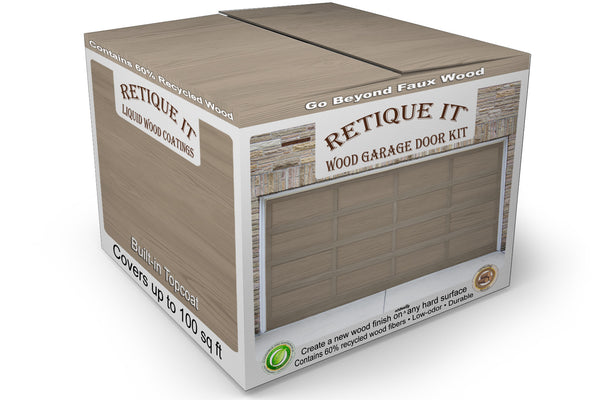 Retique It Wood Garage Door Kit box showing a gray wood grain garage door, labeled with built-in topcoat and up to 100 square feet of coverage.