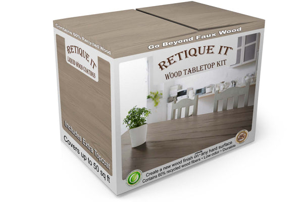 Retique It Wood Tabletop Kit box showing a gray wood grain dining tabletop with white chairs, labeled with industrial grade topcoat and up to 50 square feet of coverage.