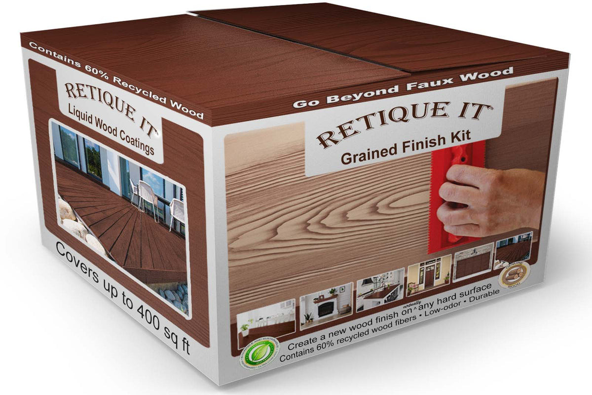 Retique ItÂ® Wood'n Finish Kit in Red Mahogany with four large interior top coat bottles and grained wood pattern on the box.