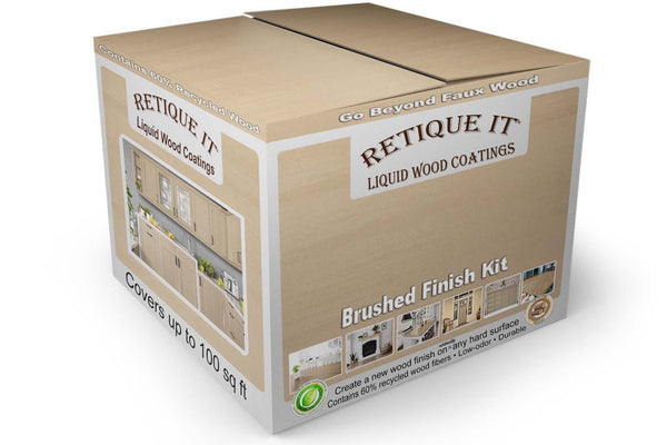 Retique It Brushed Finish Kit box with a smooth light wood finish, kitchen cabinet and other project photos, labeled for up to 100 square feet of coverage.