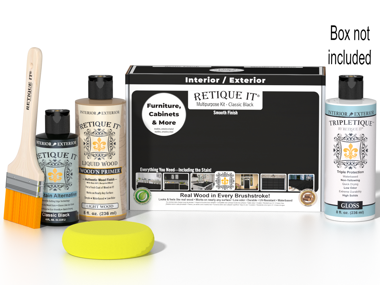 Retique It® Multi-purpose Smooth Finish Kit in classic black with interior top coat gloss, includes wood finish tools and supplies.
