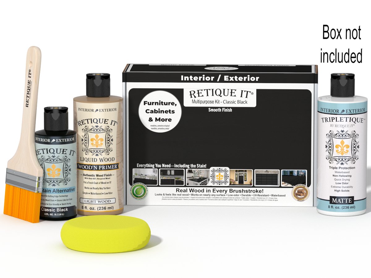 Retique It® Multi-purpose Smooth Finish Kit in Classic Black for interior wood surfaces, includes top coat and application tools.