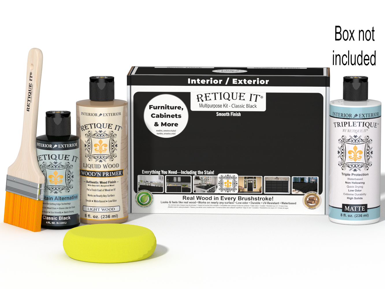 Retique It® Multi-purpose Smooth Finish Kit in Classic Black for interior wood surfaces, includes top coat and application tools.