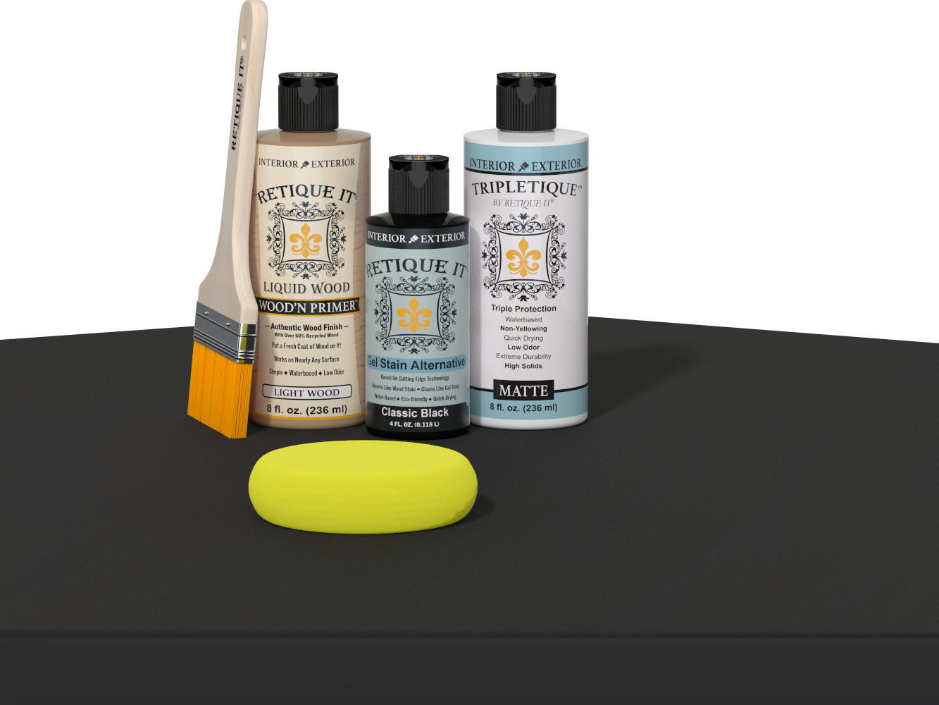 Retique It® Multi-purpose Smooth Finish Kit in Classic Black for interior wood surfaces, satin top coat applied to a table.