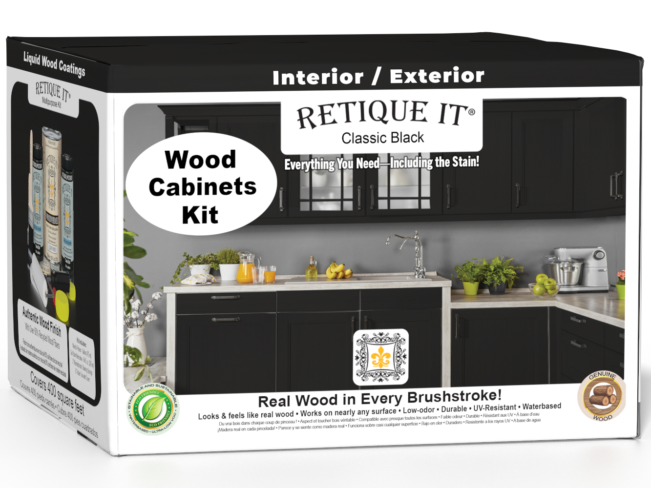 Retique It Wood'n Cabinet Kit in Classic Black with 48 smooth doors, shown in a 3D box view for stain application.