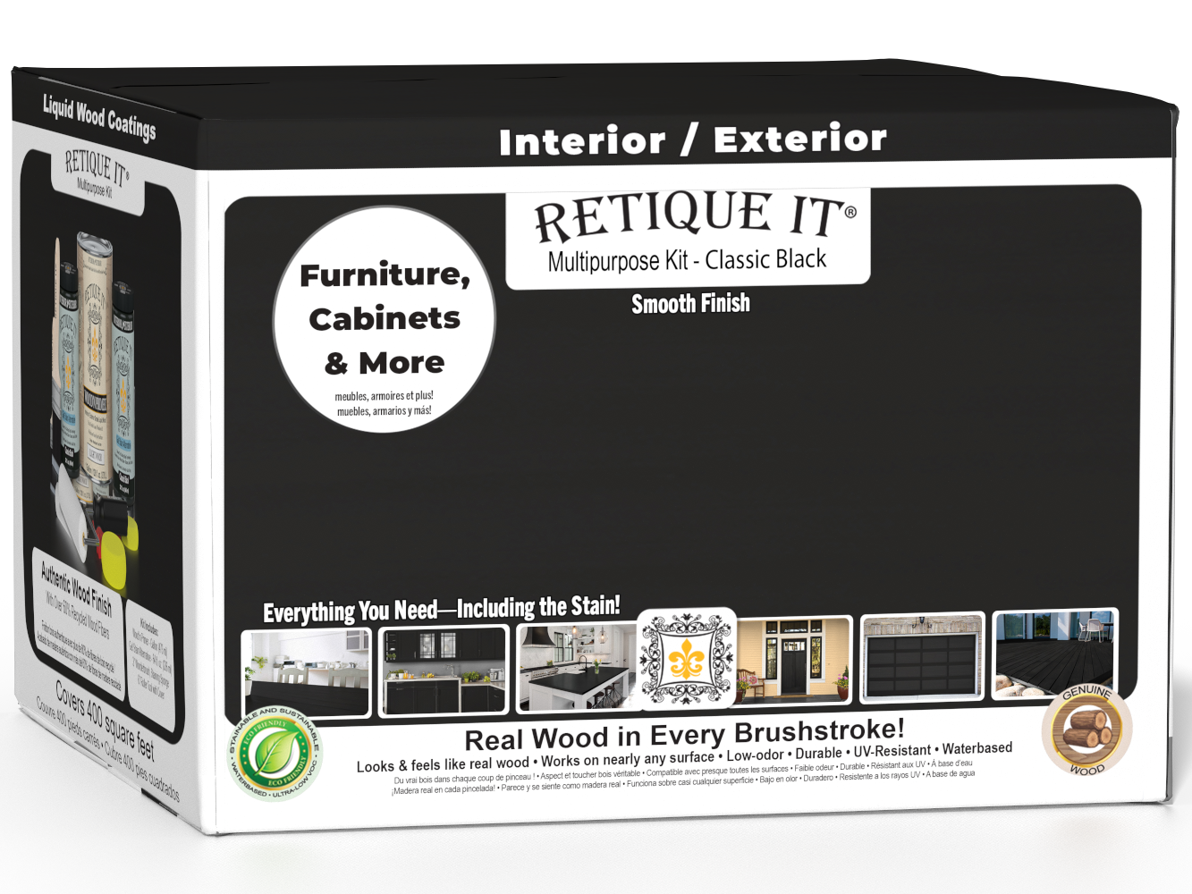 Retique It® multi-purpose wood finish kit in classic black with four large bottles, featuring smooth finish and easy application.