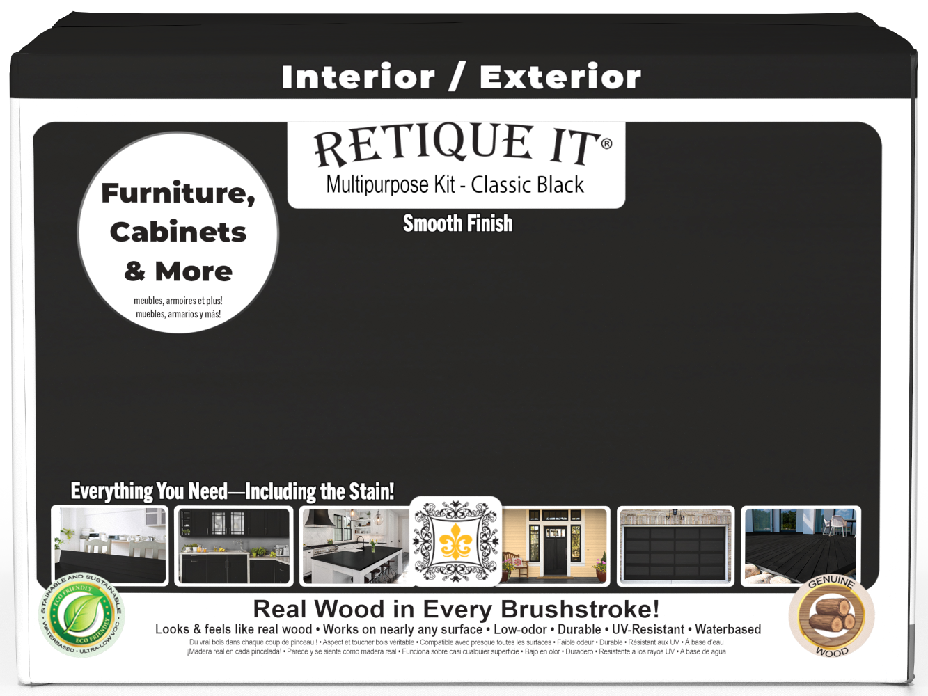 Retique It® Wood'n Finish Kit in classic black, multi-purpose smooth finish set with four large containers, front view of the box.