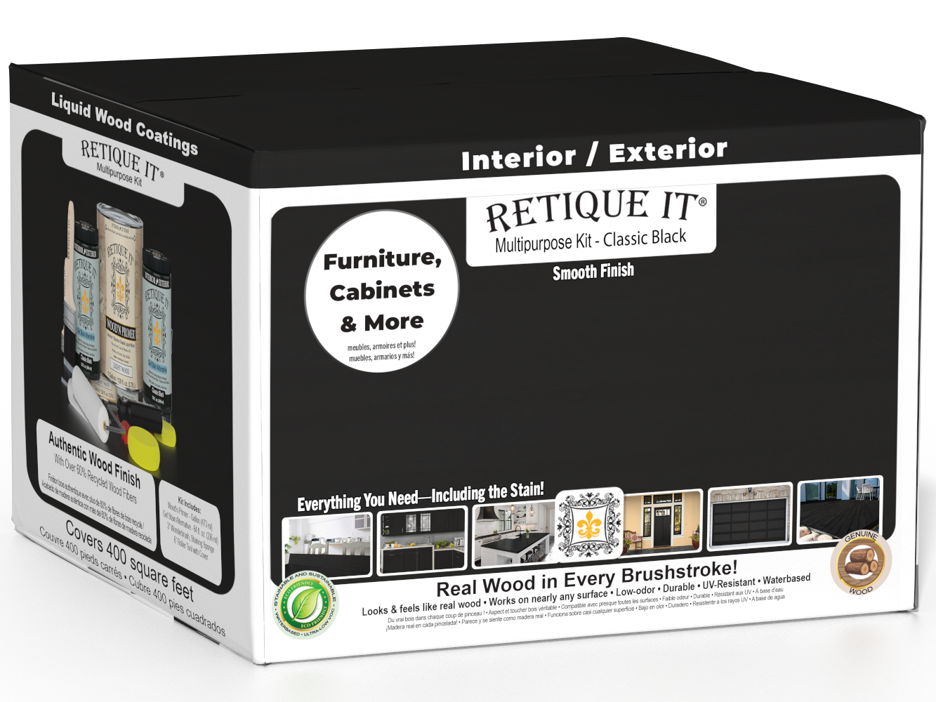 Retique It® Multi-purpose Smooth Finish Kit in classic black, featuring four large wood finish bottles in a sleek box.