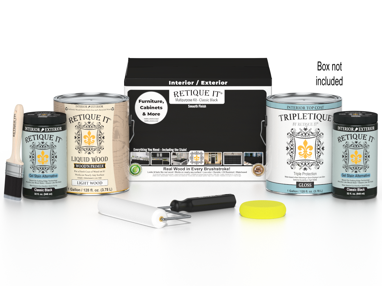 Retique It® Multi-purpose Smooth Finish Kit in classic black with four large interior top coat bottles, designed for wood finishing.