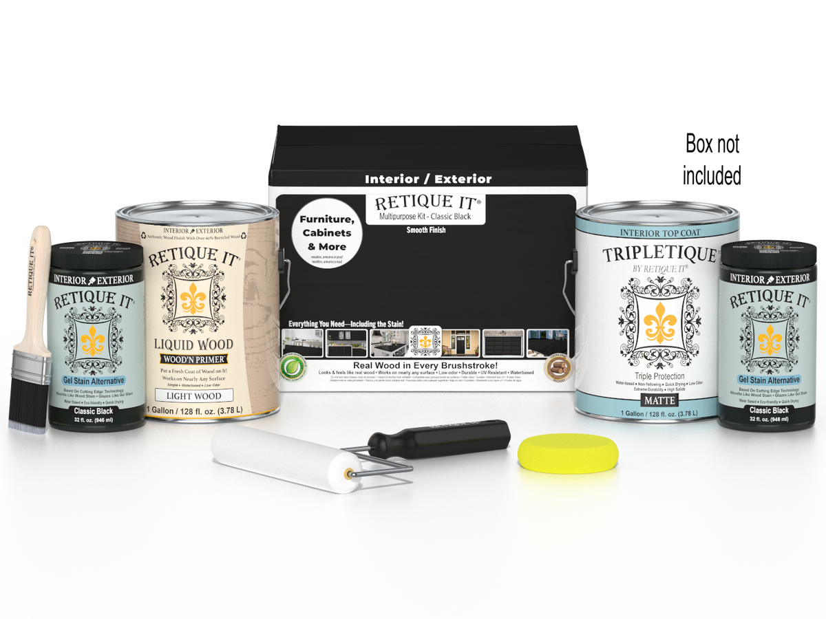 Retique It® wood finish kit with four large black interior top coats, featuring smooth finish for wood surfaces.