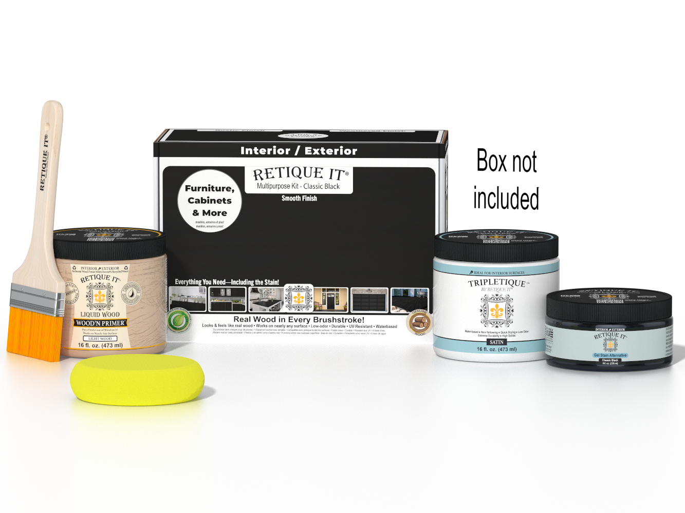 Retique It® Multi-purpose Smooth Finish Kit in Classic Black for interior wood projects, includes top coat and application tools.