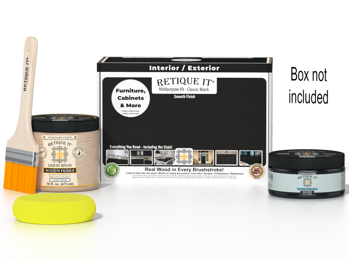 Retique It® Multi-purpose Smooth Finish Kit in classic black for wood furniture, includes application tools and finishing products.