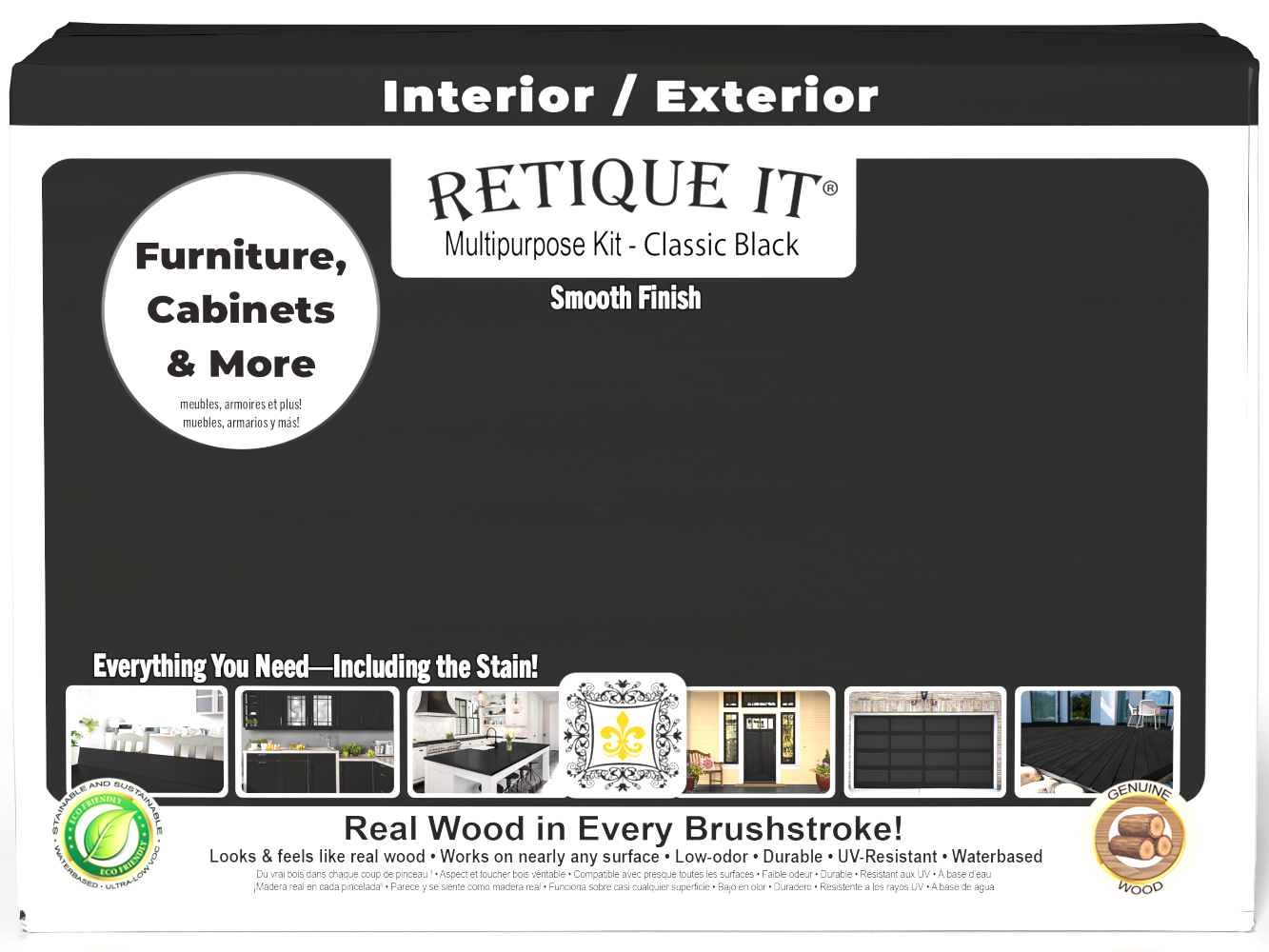 Retique It® Multi-purpose Smooth Finish Kit Large in classic black with exterior top coat and matte finish, designed for wood surfaces.