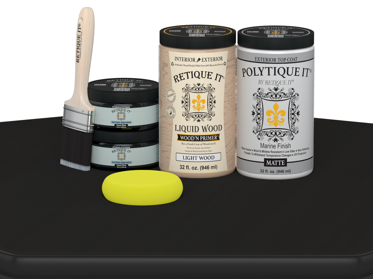 Large Black Multi-purpose Smooth Finish Kit by Retique It® for wood exterior top coat application with matte finish.