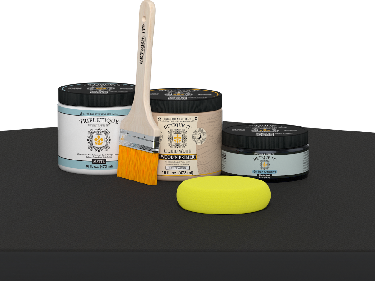 Retique It® Multi-purpose Smooth Finish Kit in Classic Black for interior wood projects, including top coat application with matte finish.