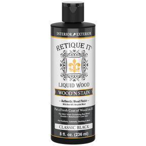 Retique It Liquid Wood Wood'n Stain in 8 oz Classic Black, showcasing the dark stain being applied to wood surface.