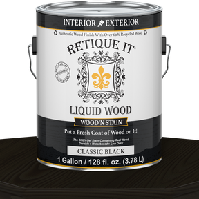 Retique It Liquid Wood Wood'n Stain in classic black, 128 oz bottle, showcasing the dark, rich stain for wood finishing.