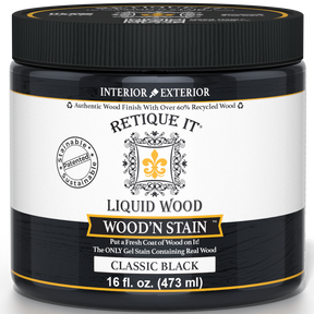 Retique It Liquid Wood Wood'n Stain in Classic Black, 16 oz bottle, showcasing the dark stain for wood finishing.