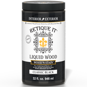 Retique It Liquid Wood Wood'n Stain in 32 oz Classic Black, showcasing the dark stain applied to wood surface.