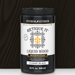 Retique It Liquid Wood Wood'n Stain in Classic Black, 32 oz bottle, showcasing the dark stain product for wood finishing.