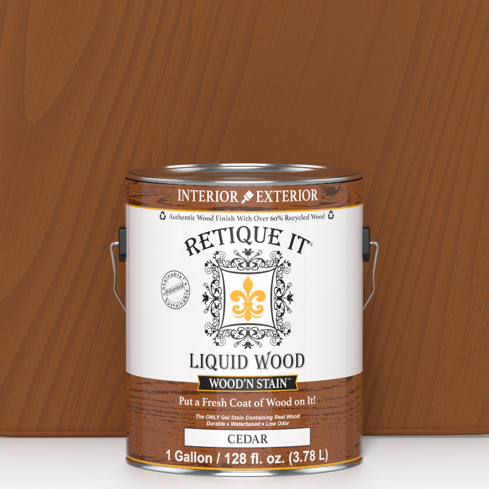 Liquid Wood Wood'n Stain by Retique It in cedar, 128 oz container, showing the stain's rich cedar color and product label.