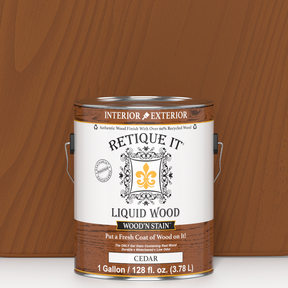 Liquid Wood Wood'n Stain by Retique It in cedar, 128 oz container, showing the stain's rich cedar color and product label.