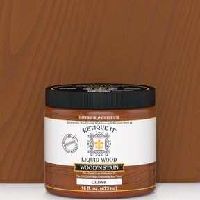 Retique It Liquid Wood Wood'n Stain in Cedar, 16 oz, showing the stain's rich cedar color on wood surface.