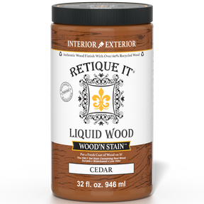 Retique It Liquid Wood Wood'n Stain in Cedar, 32 oz, showcasing the stain application on wood for a rich cedar finish.