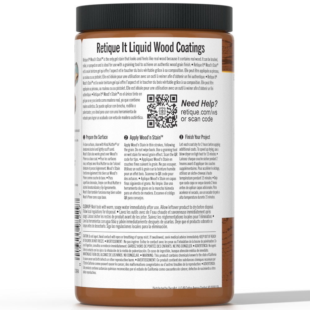 Liquid Wood Wood'n Stain by Retique It in Cedar color, 32 oz bottle, showing the stain's smooth application and rich cedar tone.