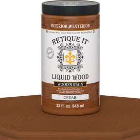 Liquid Wood Wood'n Stain 32 oz cedar color by Retique It shown in a container with wood grain sample.